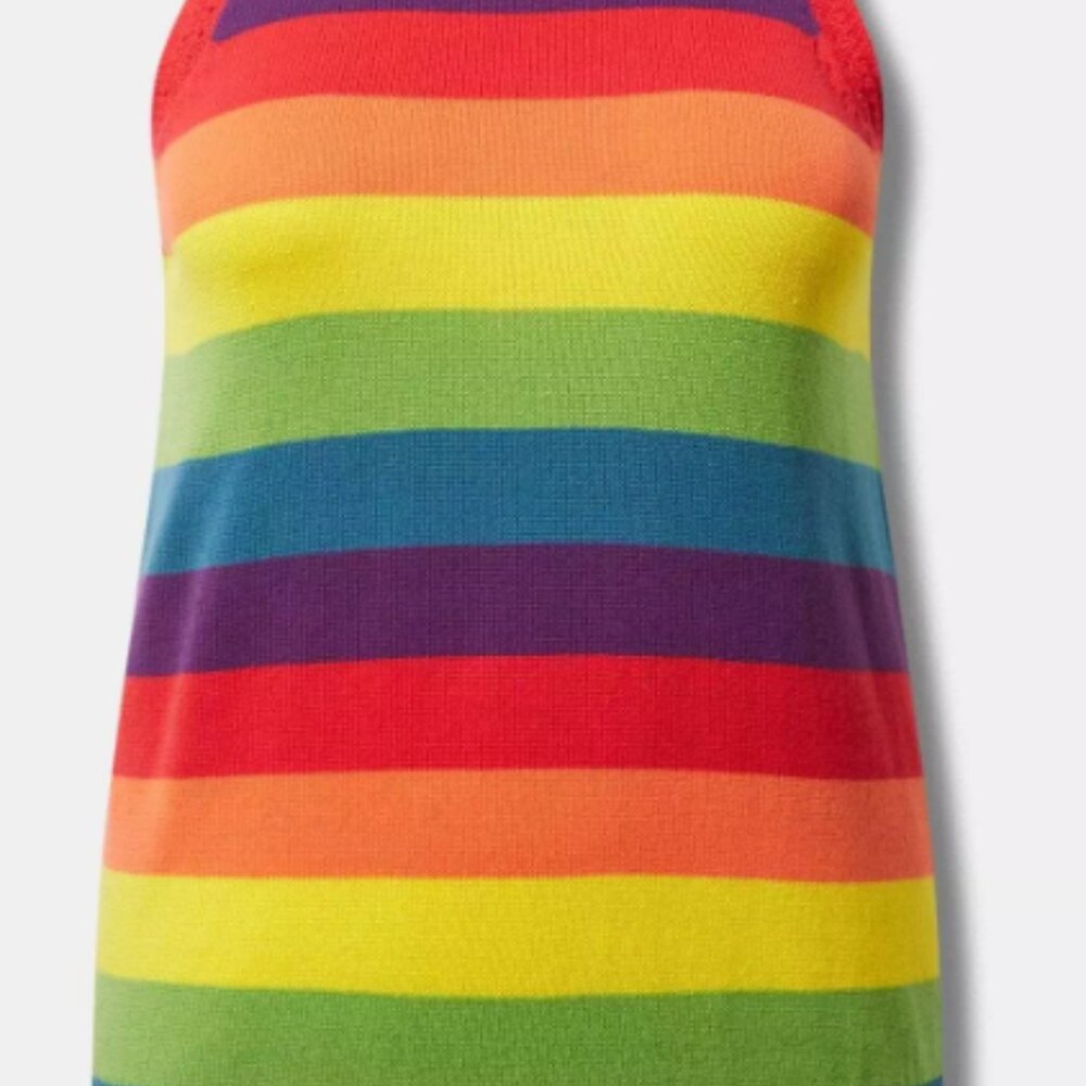 Torrid Rainbow Pride Striped Tank Top sweater crochet details around sleeves/bot